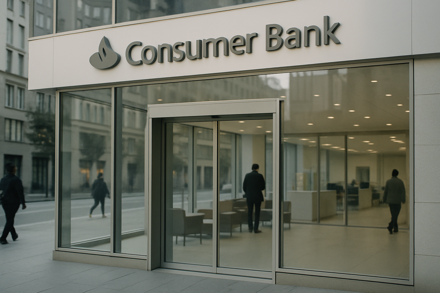 exterior of a Santander Consumer Bank branch building on a quiet urban street, glass facade reflecting afternoon light with institutional signage visible