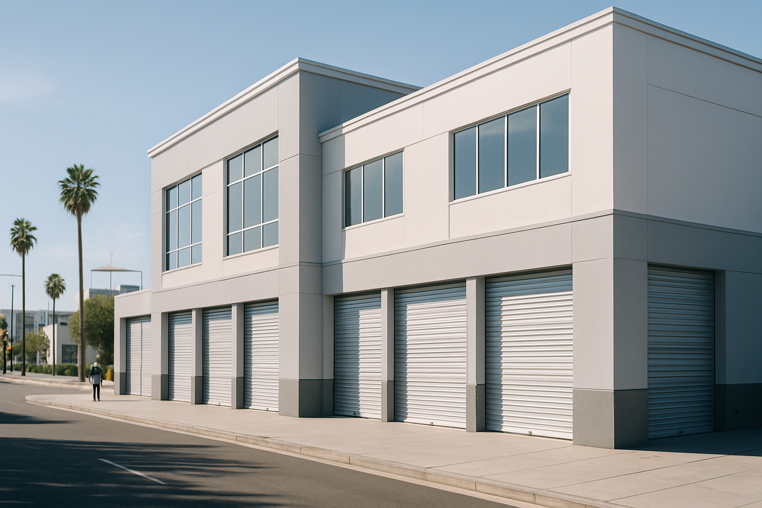 exterior of a modern self-storage facility with roll-up unit doors and a clean facade on a sunny urban street in Southern California