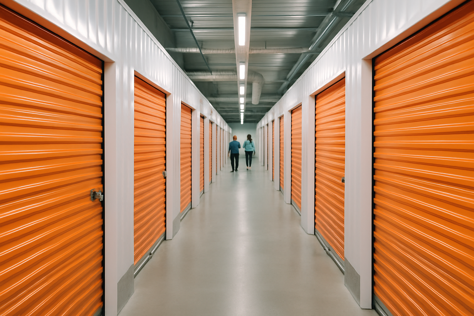 rows of interior climate-controlled storage units with orange roll-up doors and bright overhead lighting inside a modern warehouse facility