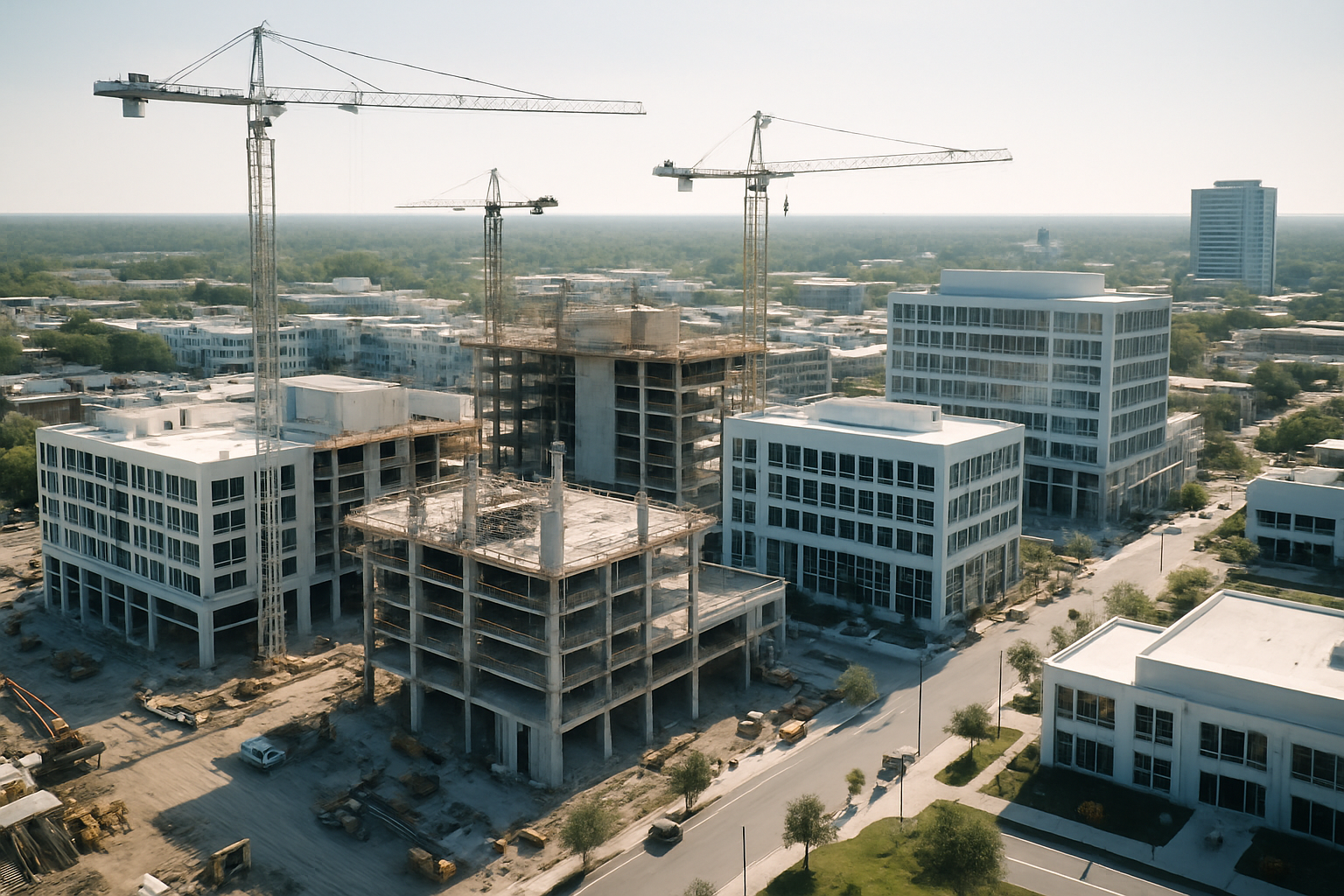 aerial view of a sprawling mixed-use real estate development under construction in a sun-drenched southeastern U.S. city, cranes visible above unfinished buildings