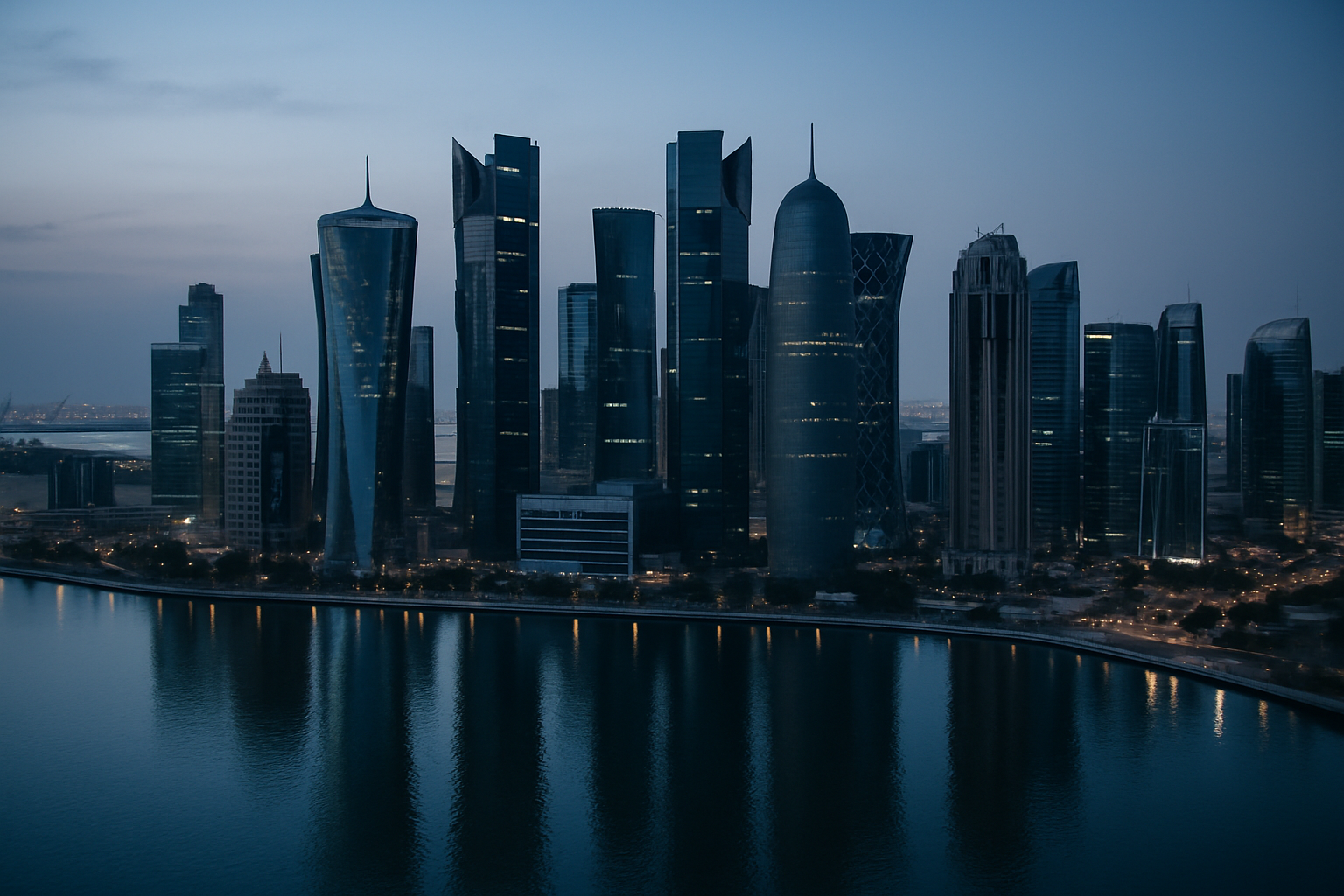 aerial view of Doha's West Bay skyline at dusk, showing glass skyscrapers reflected in the Arabian Gulf waters