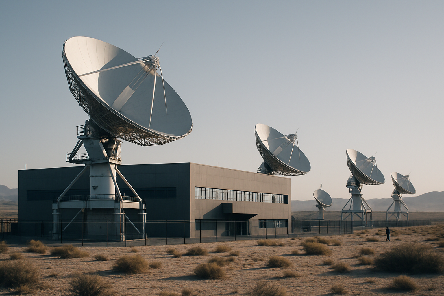 exterior of a large satellite broadcast facility in a desert setting, transmission dishes angled toward the sky