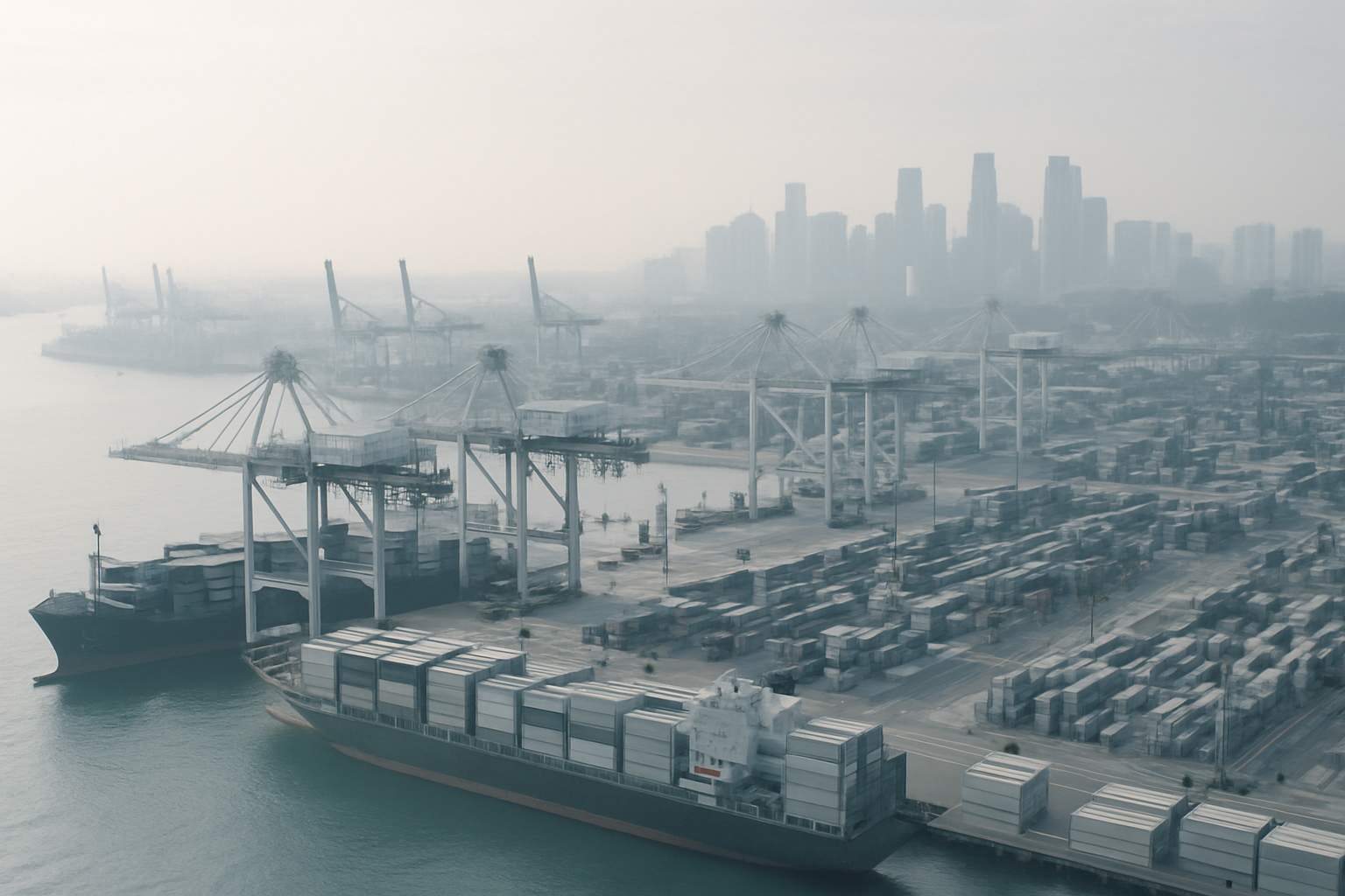 aerial view of Singapore's port at Tanjong Pagar with container ships docked under a hazy morning sky