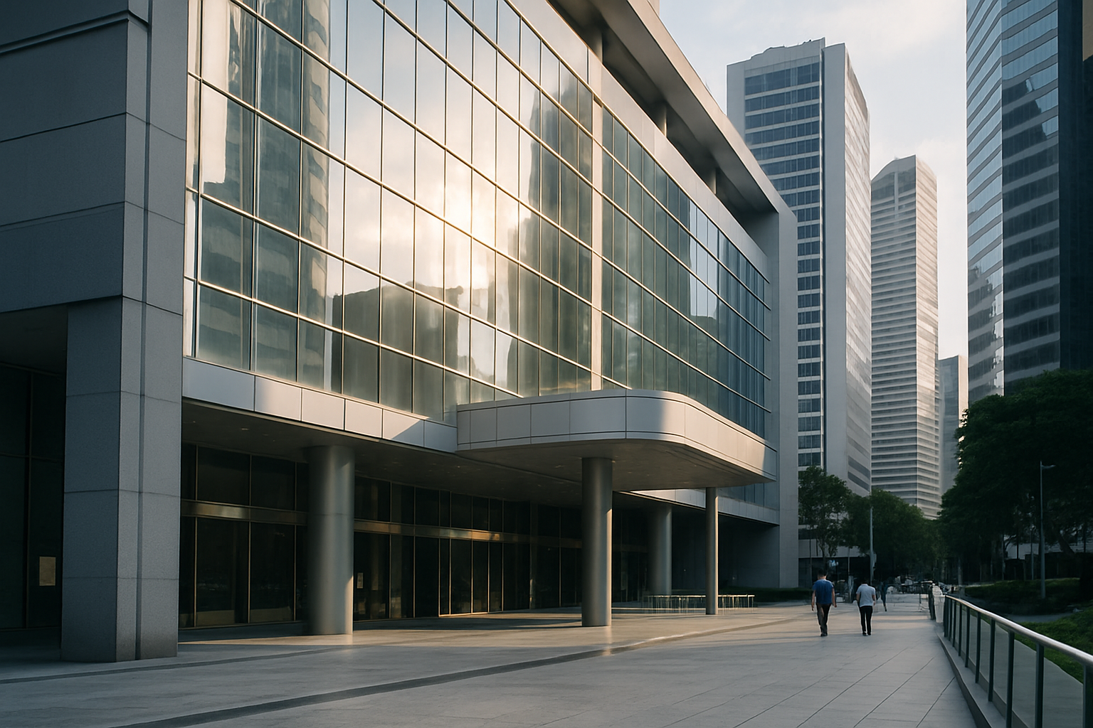 exterior of the Monetary Authority of Singapore building on Shenton Way in the central business district, late afternoon light on glass facade