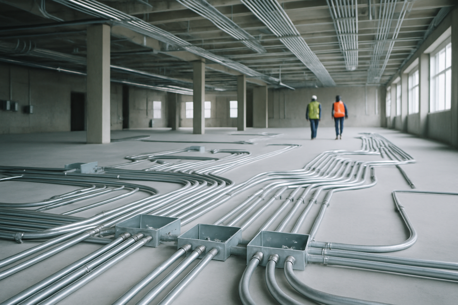 interior of a commercial electrical installation site with conduit runs, junction boxes, and industrial wiring spread across a concrete floor