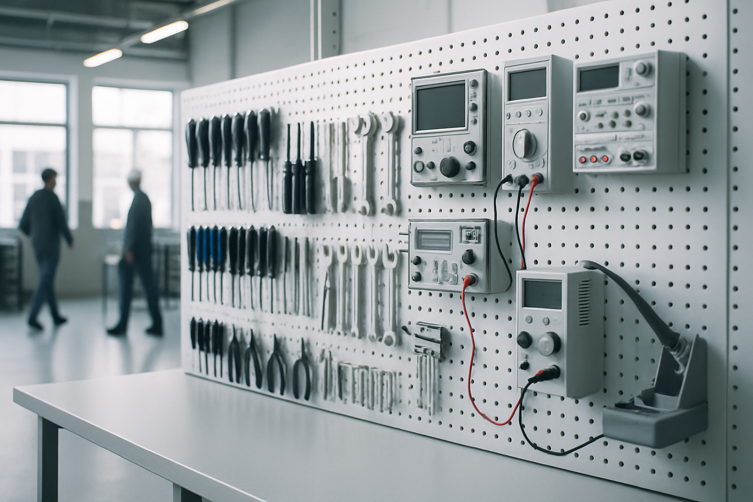 rows of precision hand tools and electrical test equipment neatly arranged on a pegboard inside a vocational training workshop