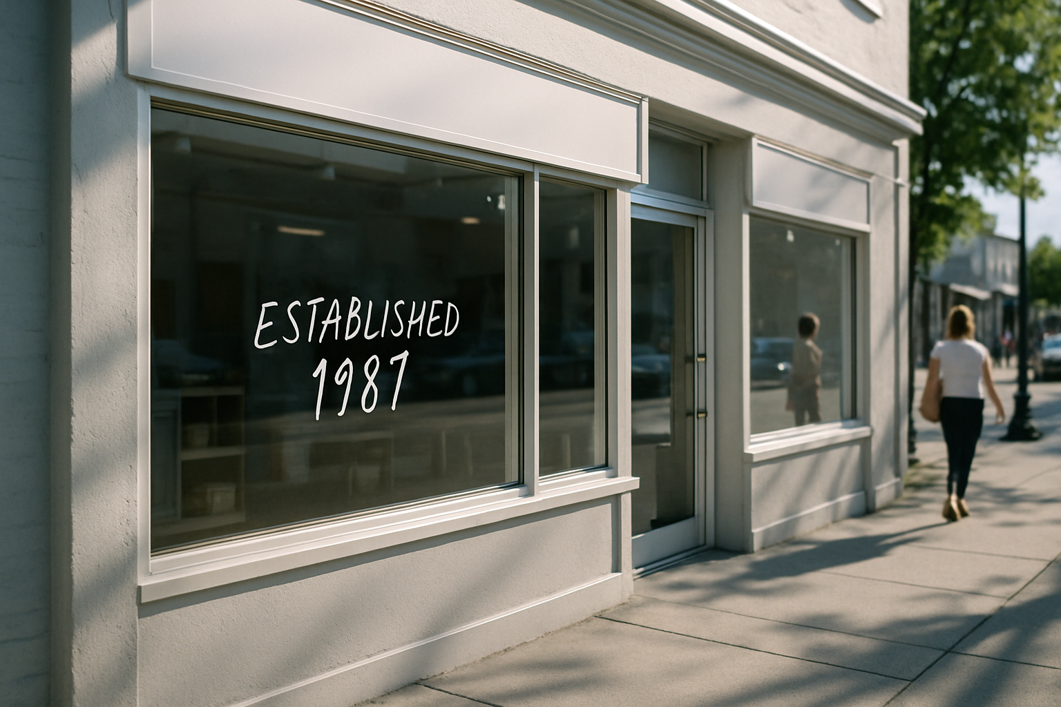 exterior of a main street retail storefront with a handwritten "established 1987" sign visible in the window, afternoon light casting shadows across the pavement