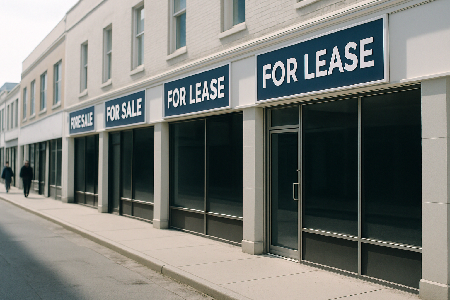 rows of commercial real estate storefronts with several "for sale" and "for lease" signs mounted above darkened shop windows on a quiet urban side street