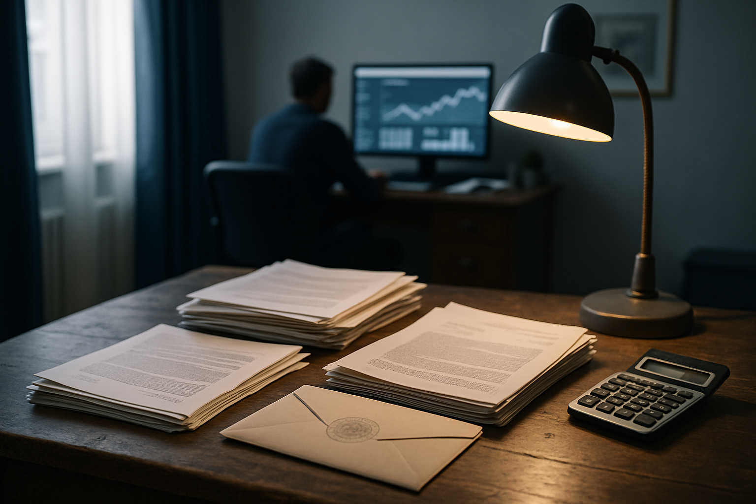 worn wooden desk with stacked legal documents, an envelope marked with a court seal, and a calculator beside a small lamp in a modest home office