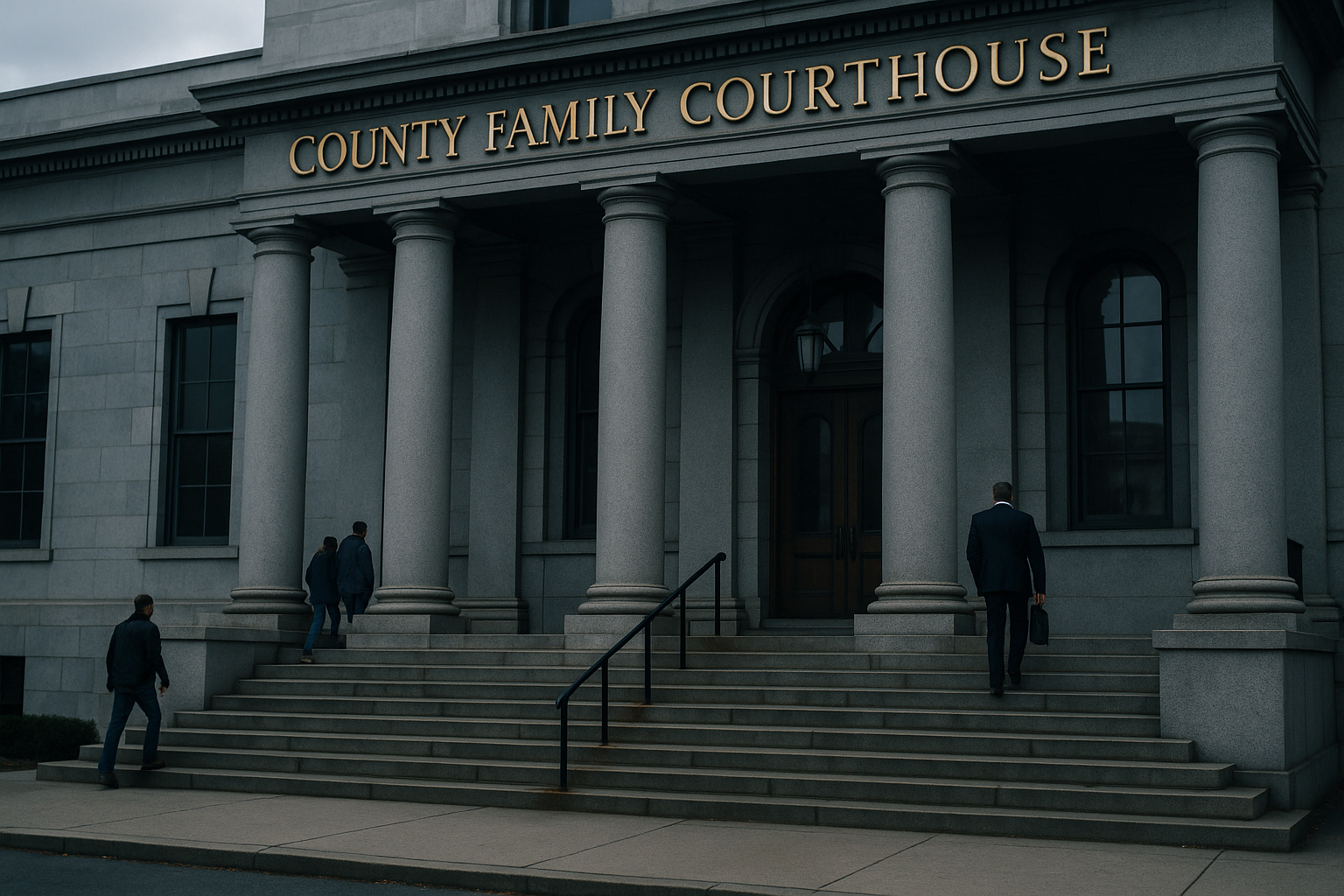 exterior of a county family courthouse with stone steps and a bronze-lettered sign above the entrance on a cloudy afternoon