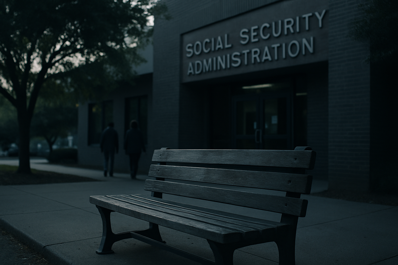 a worn wooden bench outside a Social Security Administration office building on a quiet morning, with leafy trees and a pale sky in the background