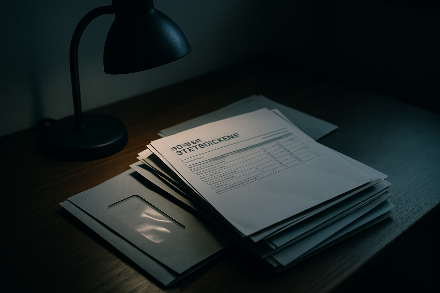 a stack of official government benefit statements and envelopes arranged on a wooden desk beside a reading lamp