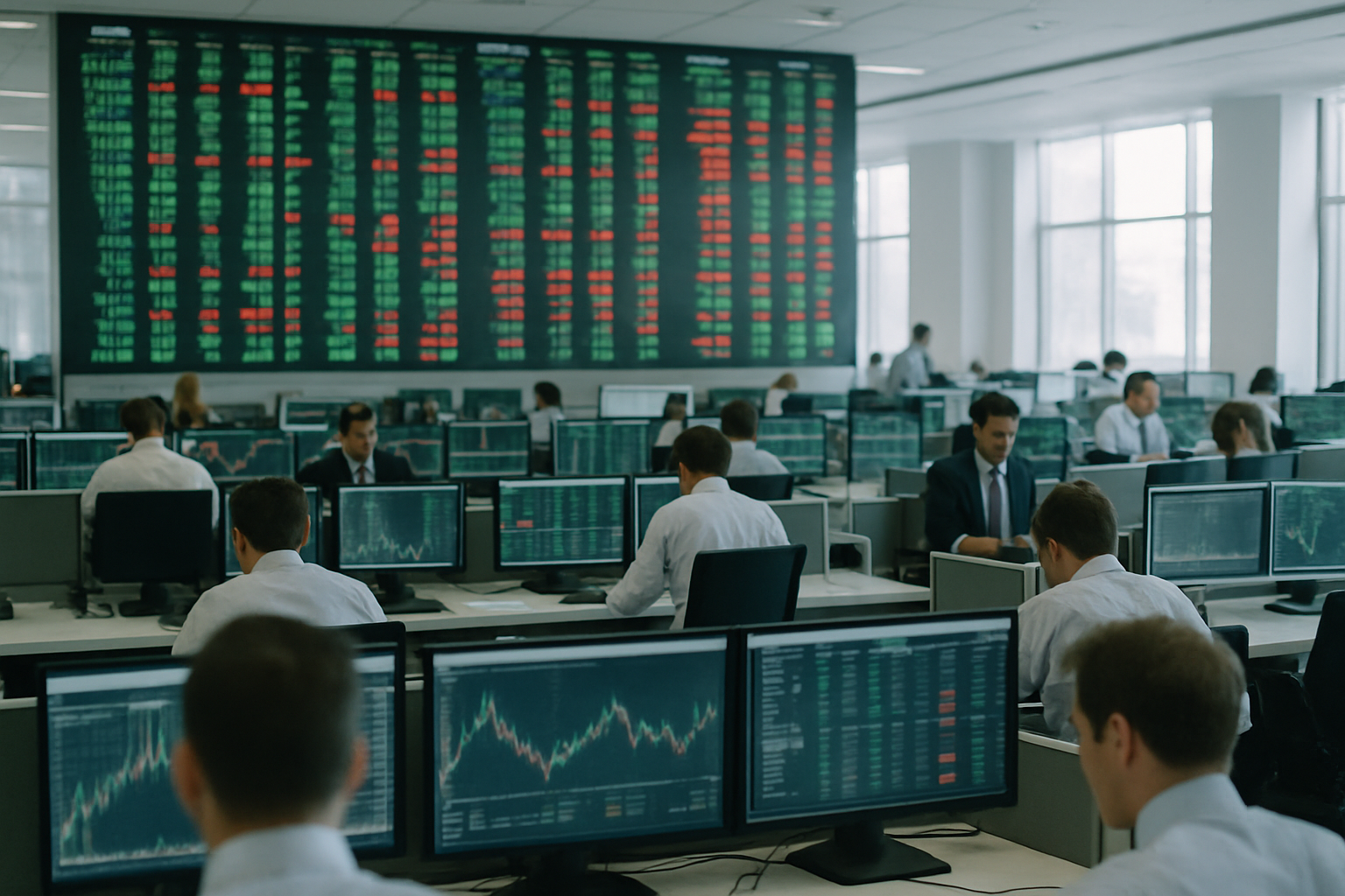 wide-angle view of a busy stock exchange trading floor with rows of terminal screens displaying green and red ticker data