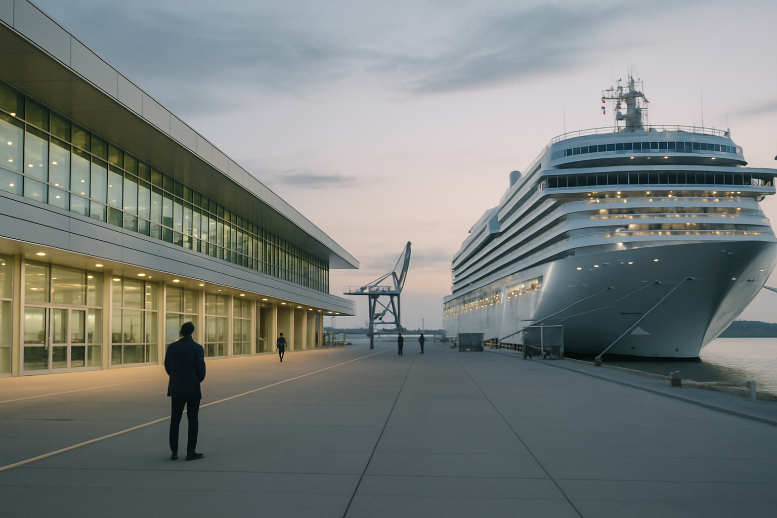 exterior of a large ocean cruise terminal at dusk with a vessel docked and cargo loading equipment visible along the pier