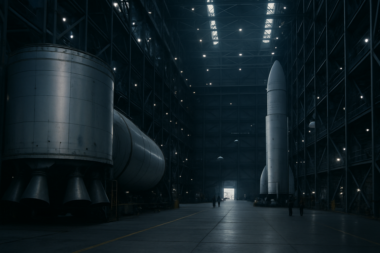 interior of a large rocket assembly facility with towering steel structures and orbital vehicle components visible under industrial lighting