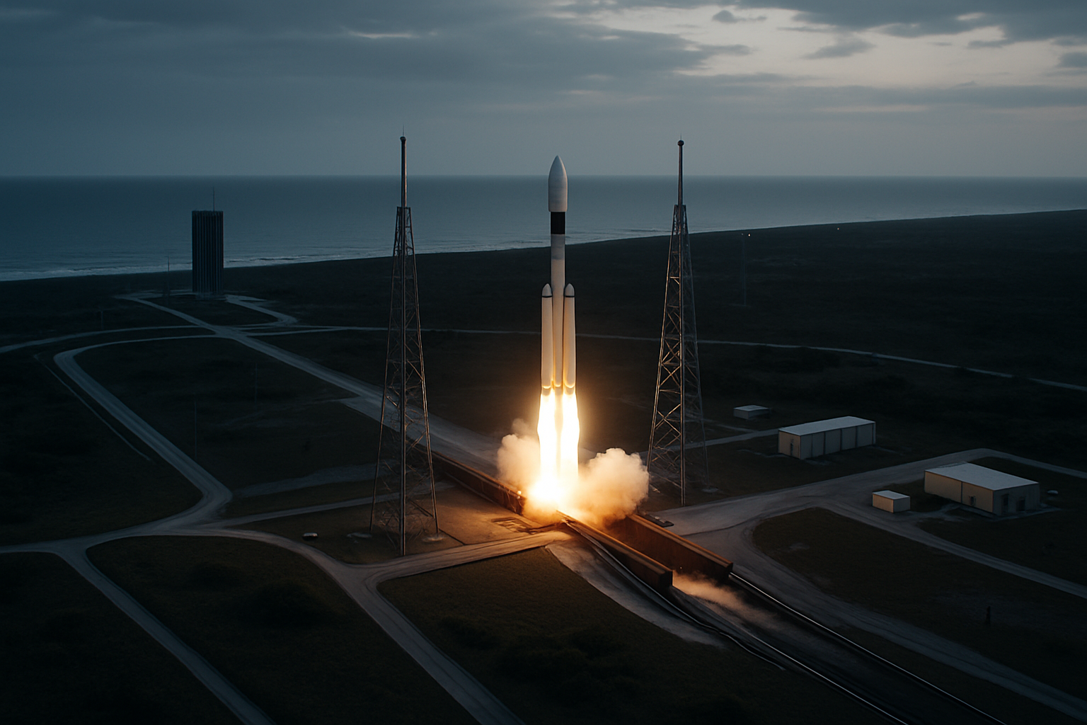 aerial view of a rocket launch complex near a coastal shoreline with launch infrastructure and flame trenches visible at dusk