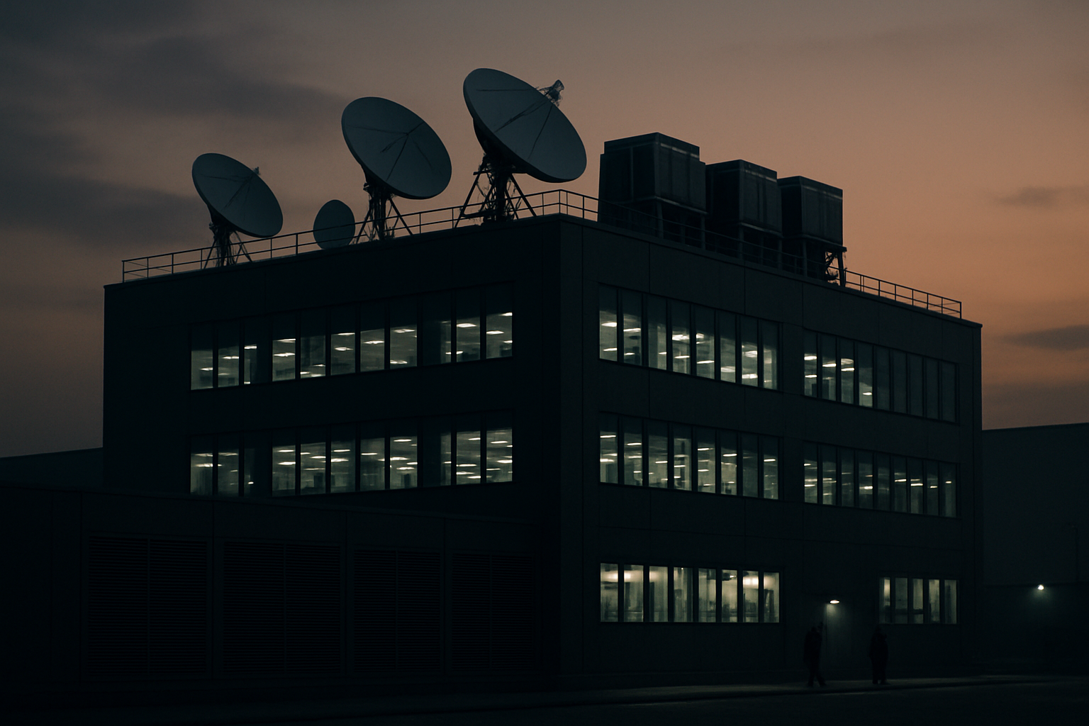 exterior of a modern data centre facility at dusk, satellite dishes and server cooling units visible on the rooftop against a fading orange sky