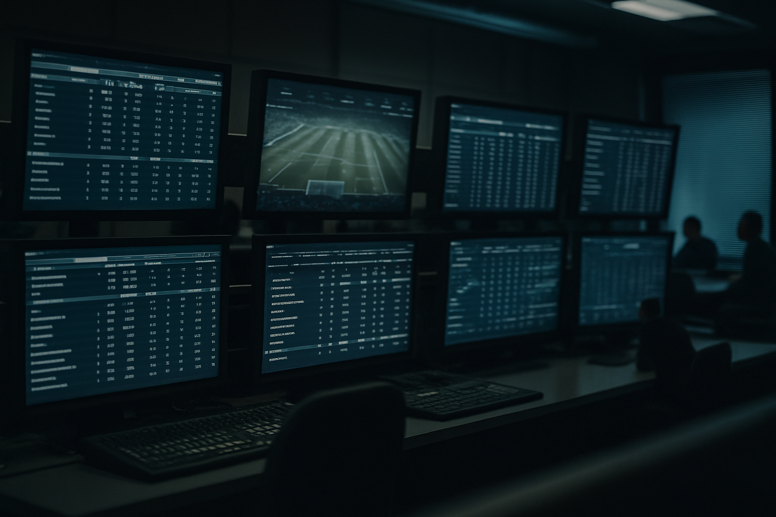 rows of sports broadcast monitors inside an empty television production control room, screens displaying live match statistics and scrolling data overlays