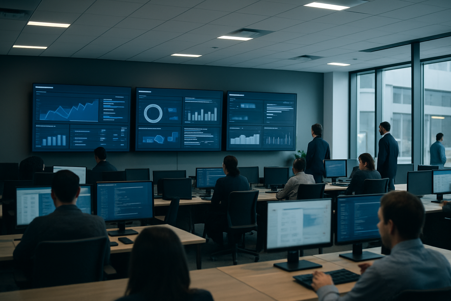 interior of a modern compliance software company office with rows of workstations and large wall-mounted monitors displaying data dashboards