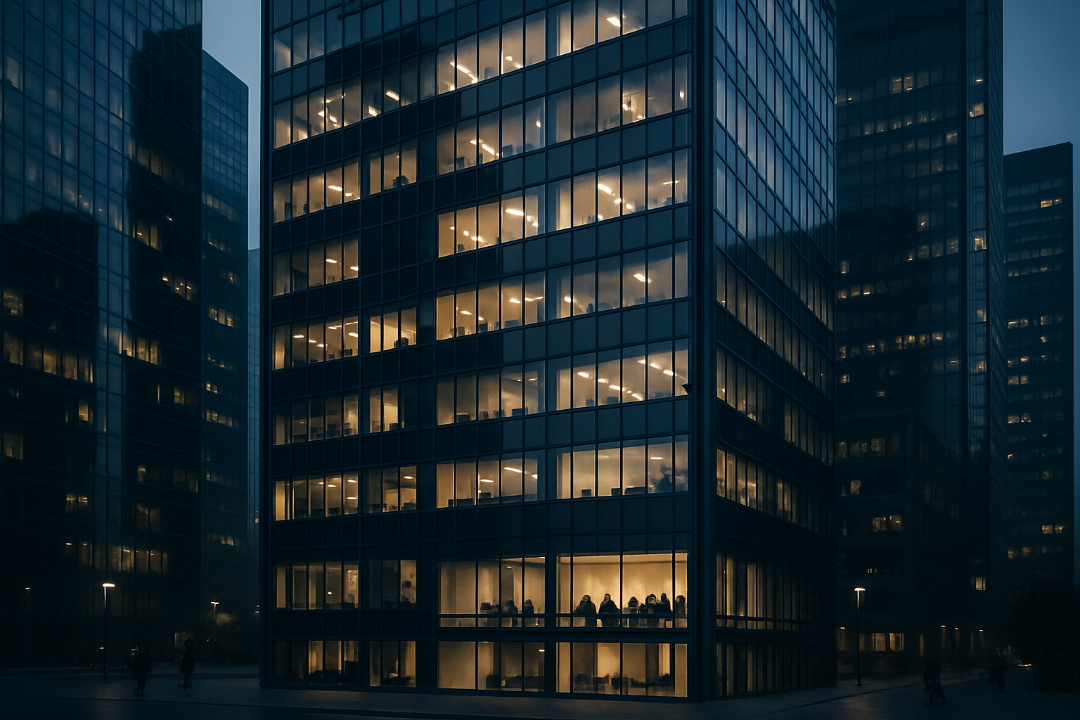 exterior of a financial district office tower at dusk with lit windows reflecting against glass facades
