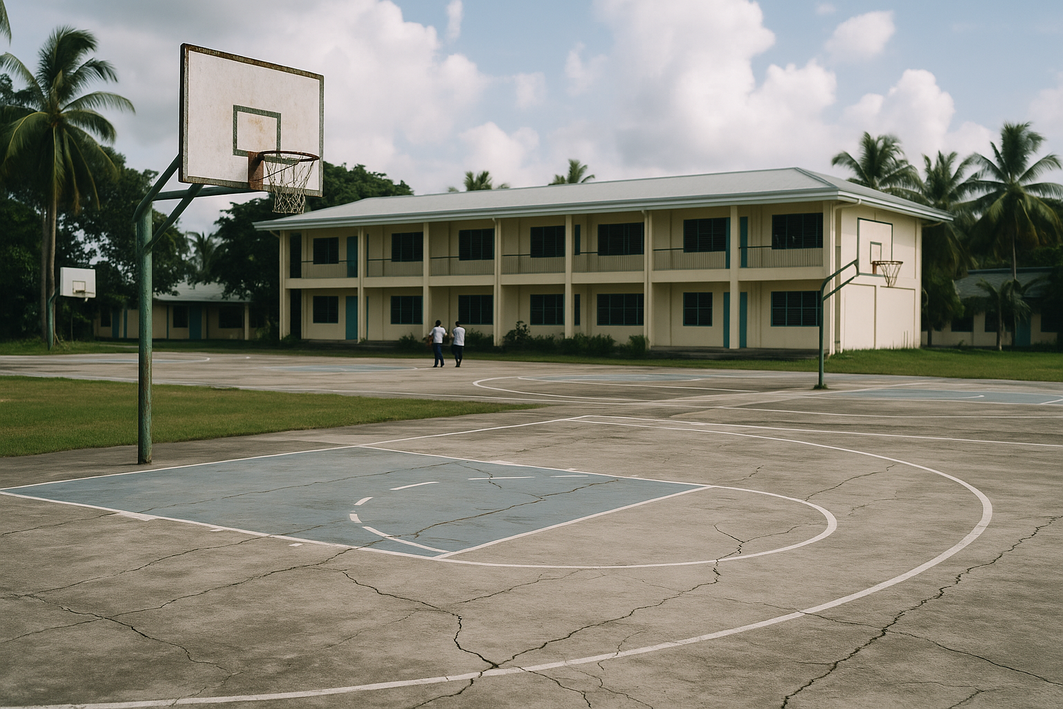 weathered outdoor basketball court at a public school in the Philippines, showing cracked concrete surface, faded court markings, and rusted hoops against a tropical sky