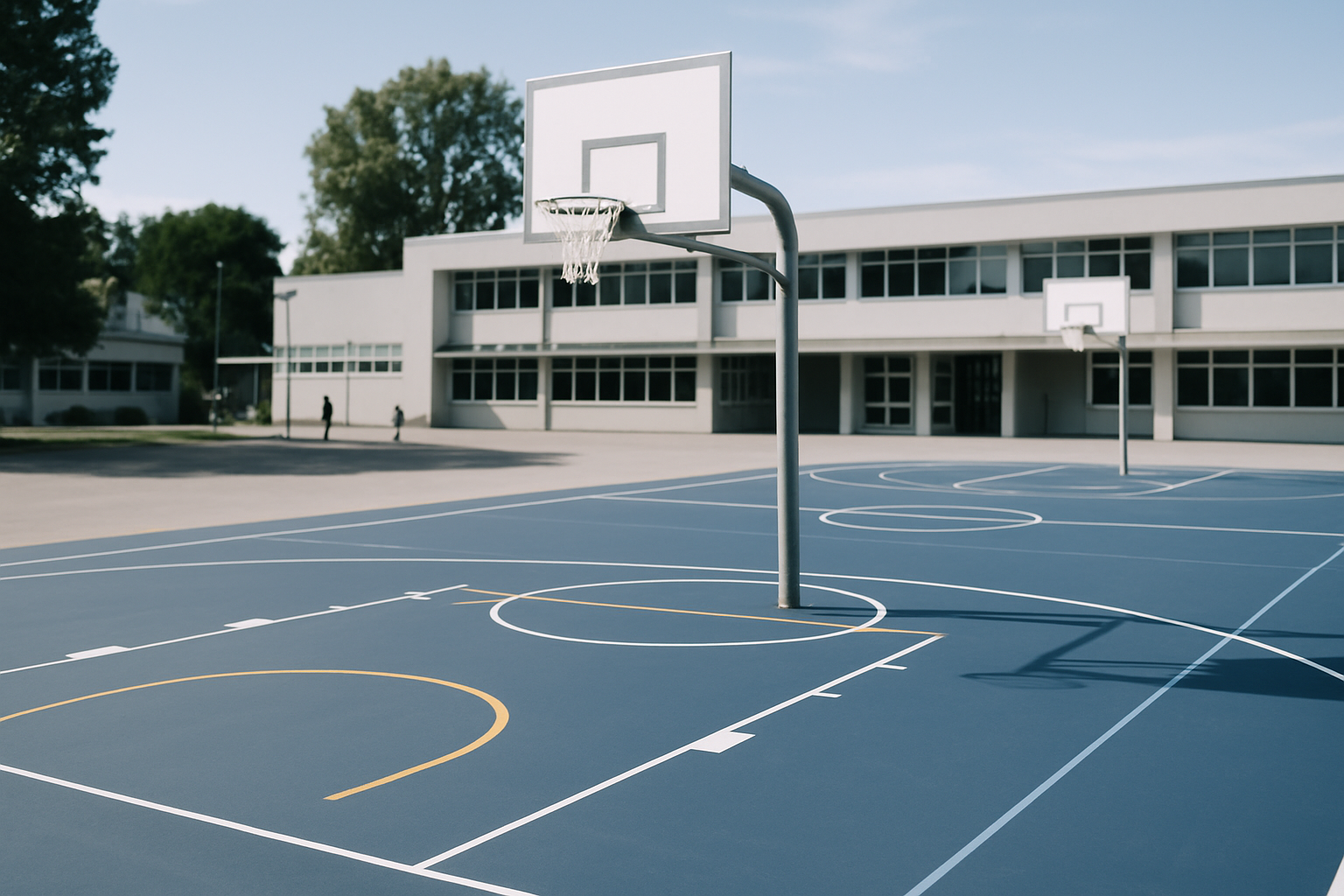 freshly laid synthetic basketball court surface in an outdoor school setting, with bright painted court lines and new metal hoops under clear daylight