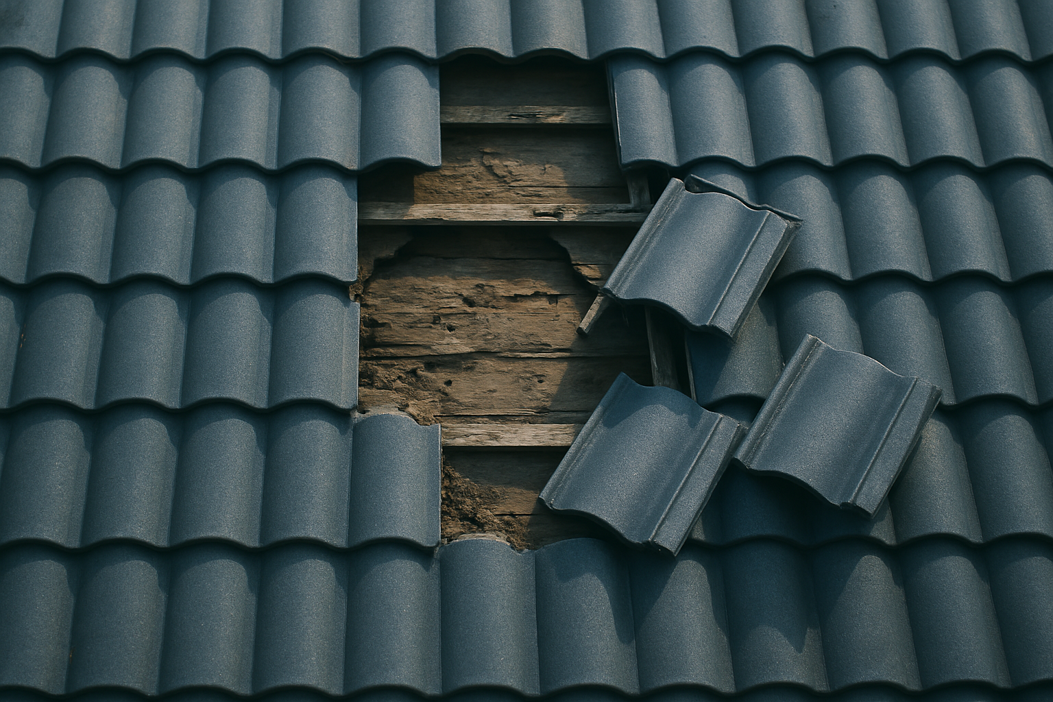 close-up of a residential roof with several missing clay tiles exposing damaged wooden decking beneath, photographed from directly above in natural daylight