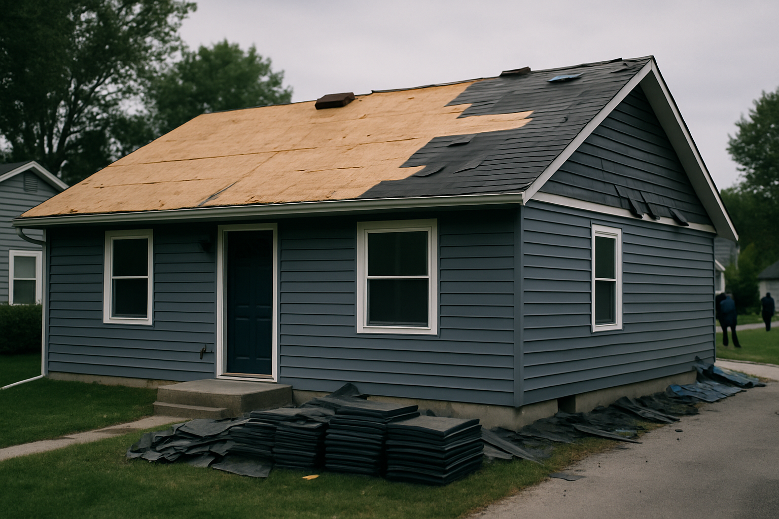 exterior view of a suburban house mid-renovation with a partially stripped roof showing bare plywood decking and stacked replacement shingles on the ground below