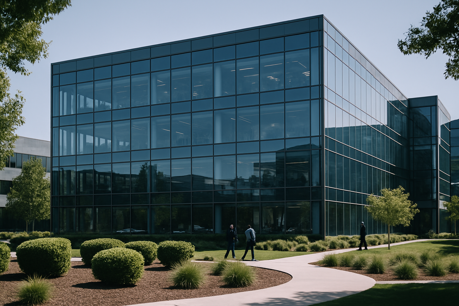 exterior of a modern glass-fronted financial technology campus in Silicon Valley at midday, with manicured grounds visible in the foreground
