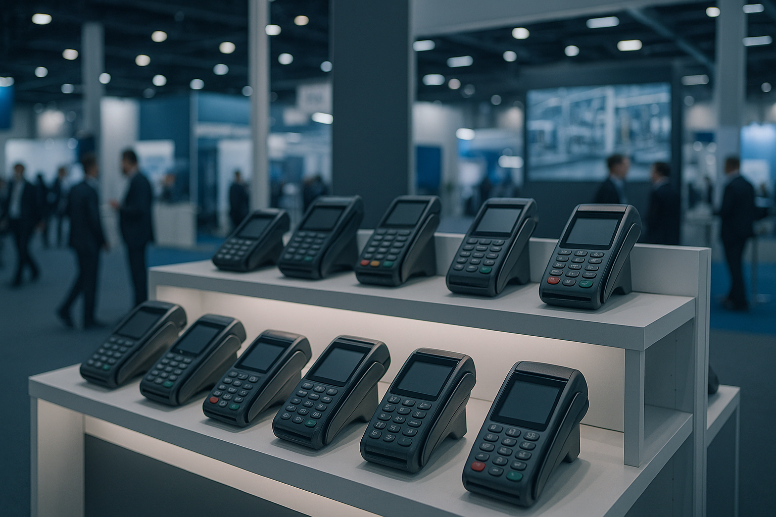rows of payment terminal devices arranged on a retail display shelf inside a technology trade show exhibition hall
