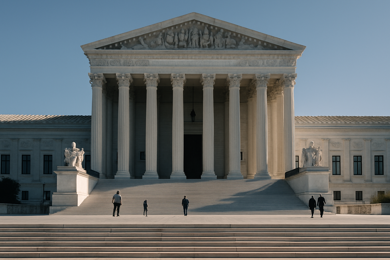 exterior of the United States Supreme Court building in Washington D.C. at midday, stone steps and columns visible against a clear sky
