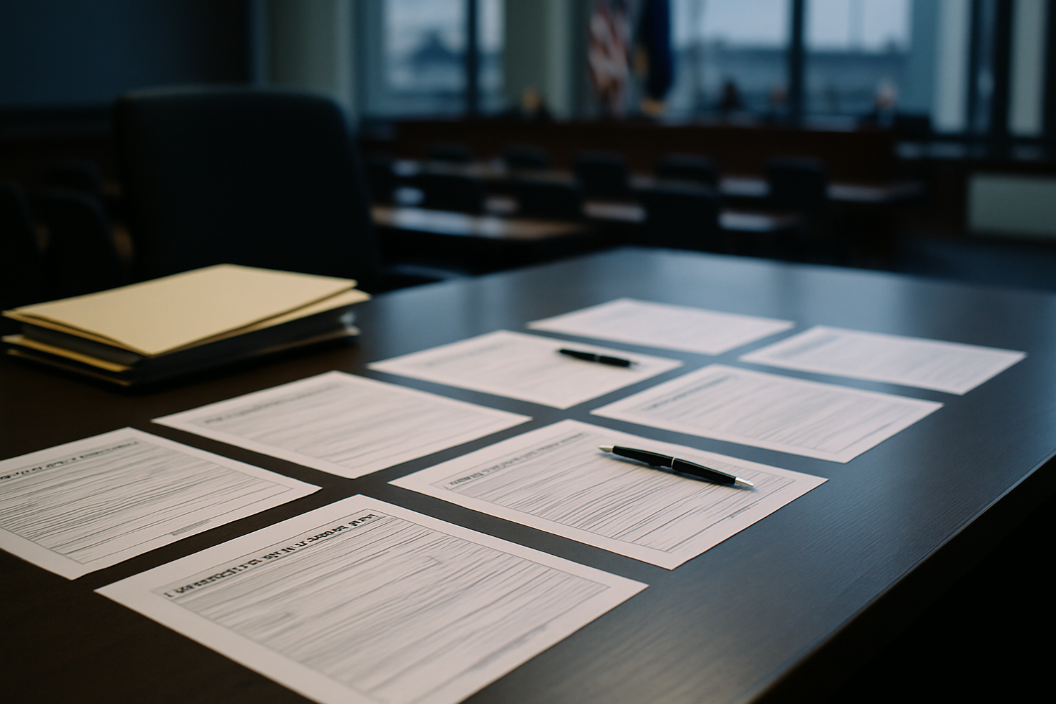 rows of federal financial disclosure paper forms arranged on a government office desk, pens and manila folders visible
