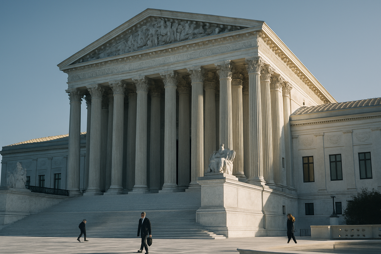 exterior of the United States Supreme Court building on a clear morning, stone columns and steps in sharp focus