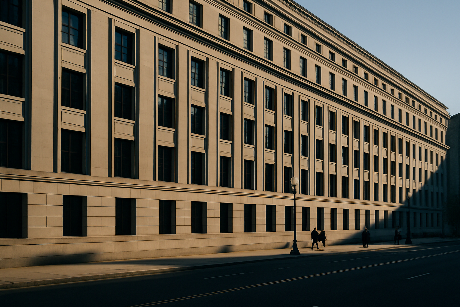 rows of government office building windows along a federal avenue in Washington D.C., late afternoon light casting long shadows across the facade