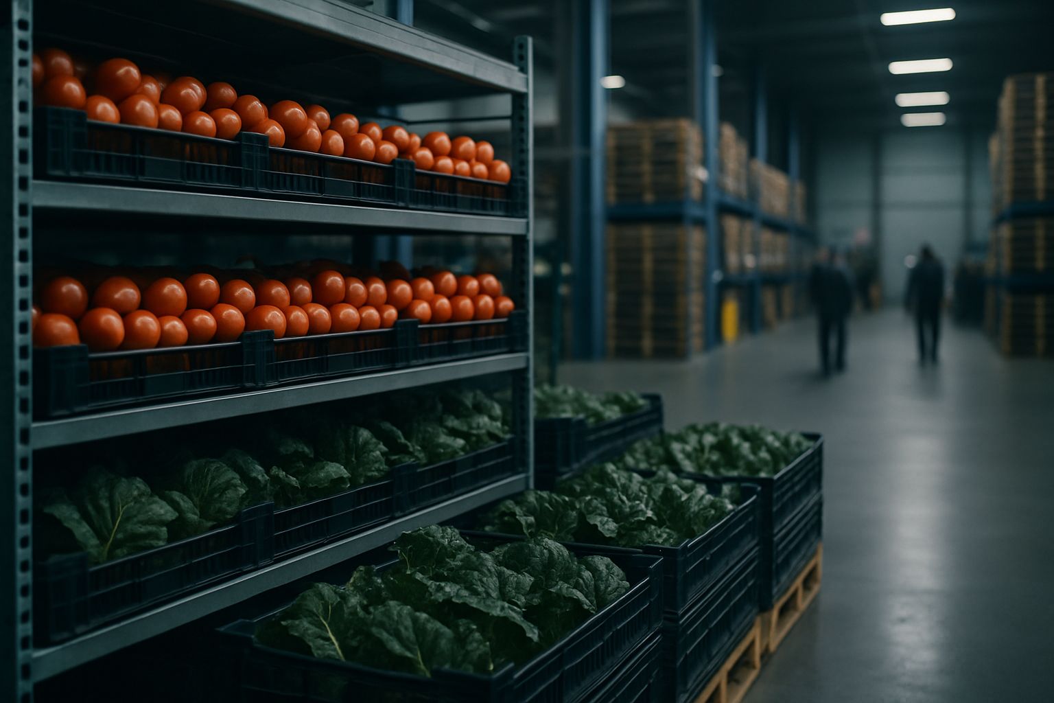 rows of tomatoes and leafy greens on a commercial produce supplier's warehouse shelving, with pallets visible in the background