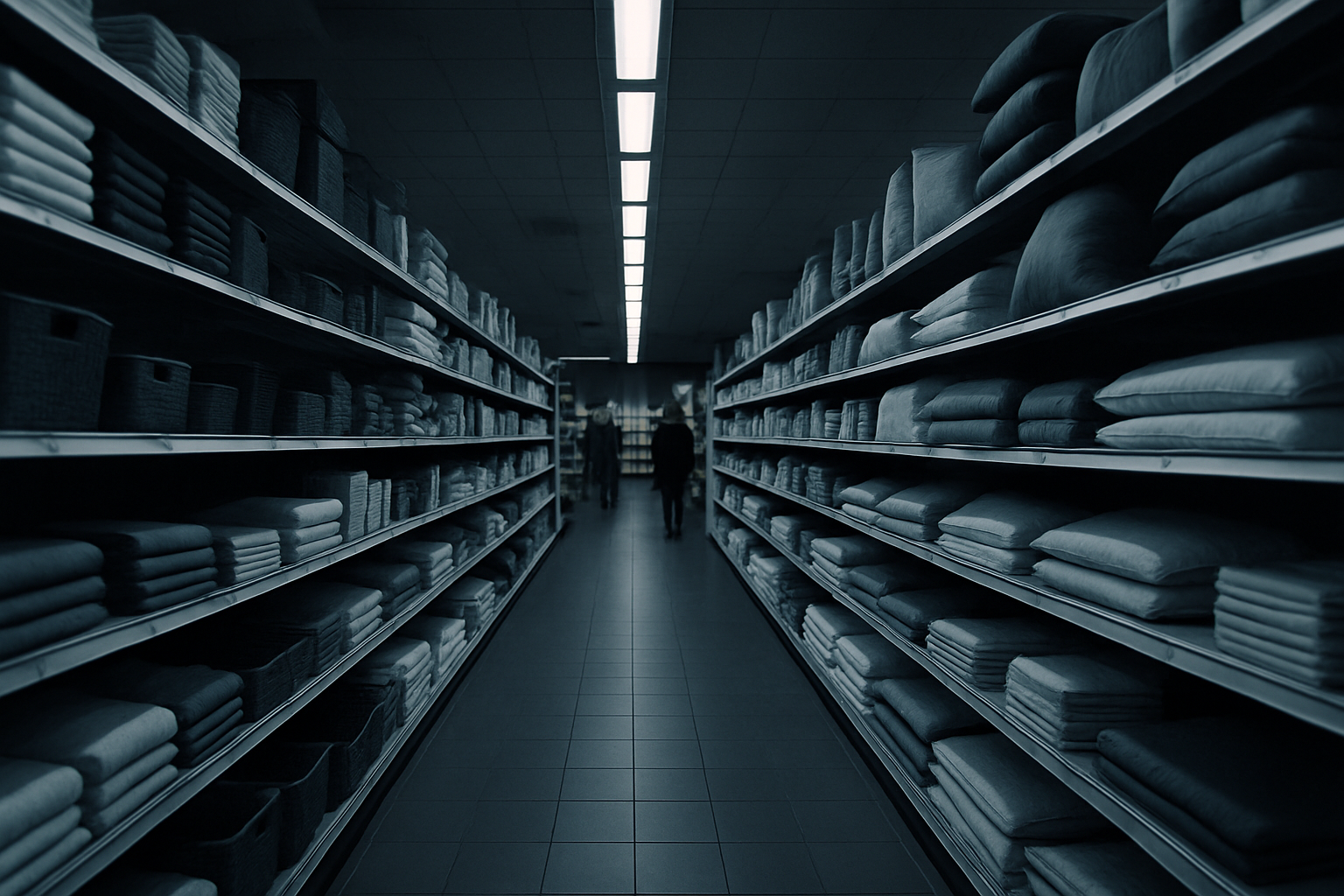 wide-angle interior shot of an empty retail home goods aisle with neatly arranged shelving and overhead fluorescent lighting