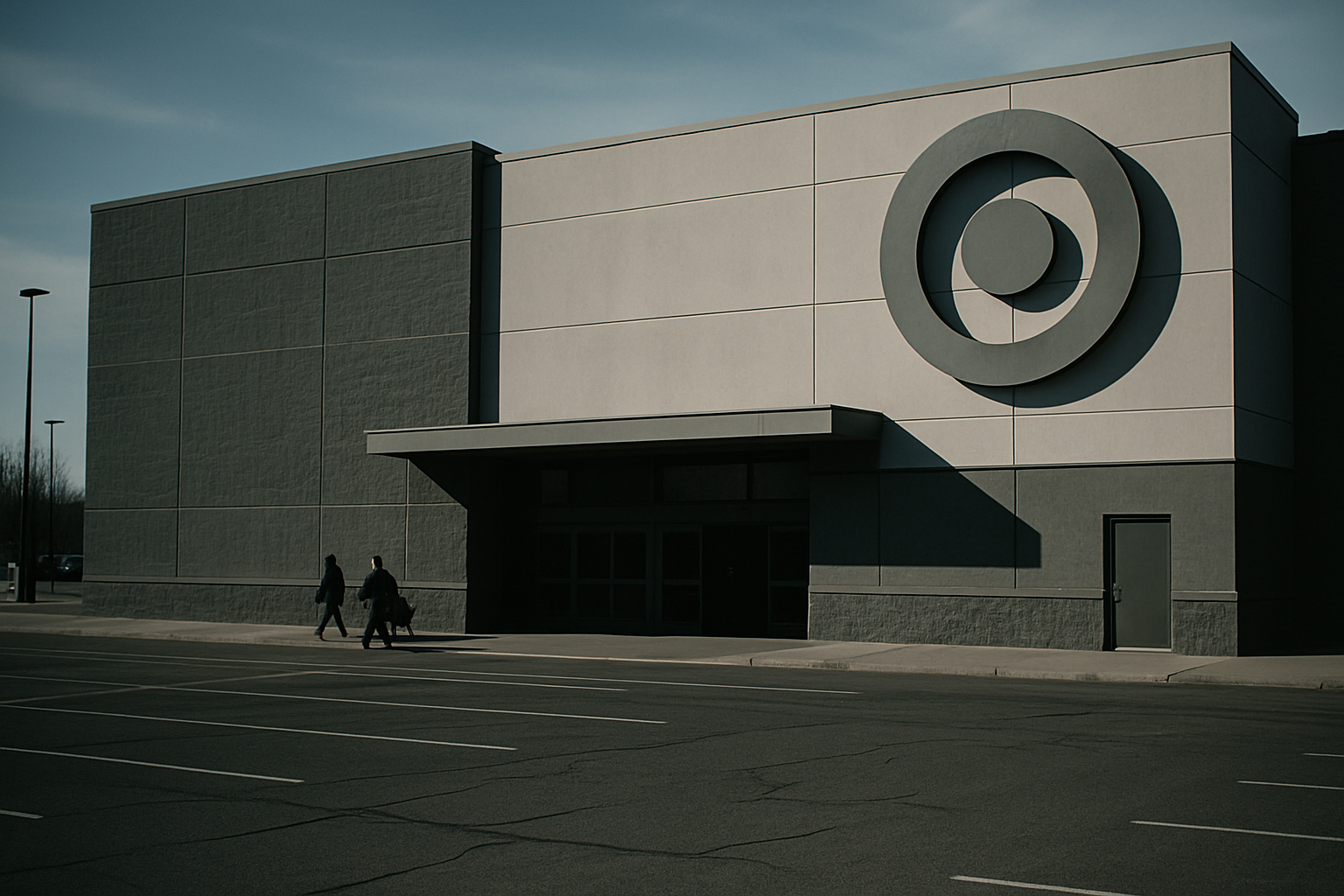 exterior facade of a large-format suburban Target store at midday with a near-empty parking lot stretching to the foreground