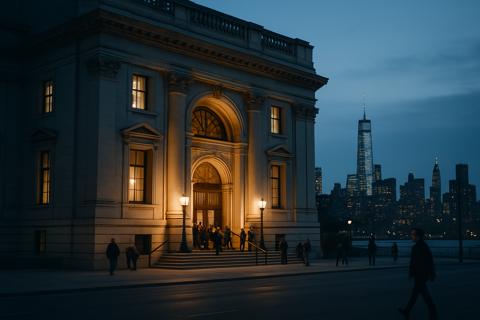 exterior view of a grand Manhattan event venue at dusk, stone facade and ornate entrance lit by warm floodlights, city skyline visible in the background