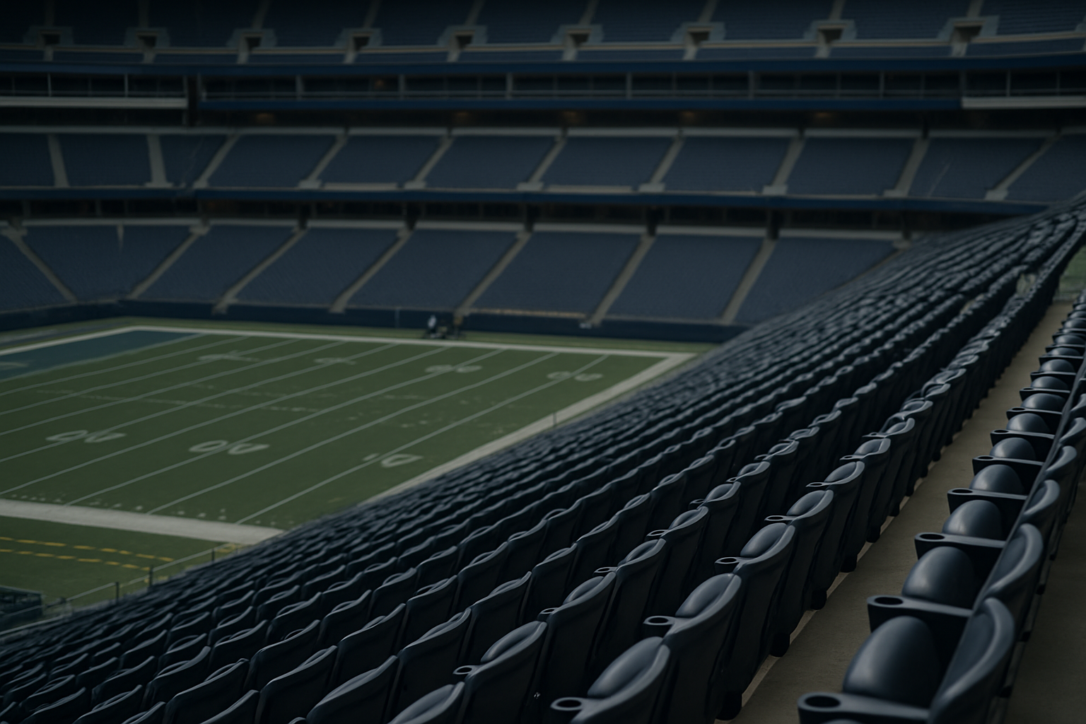 rows of empty stadium seats inside a large NFL venue, viewed from an elevated angle with the playing field visible below and corporate sponsor signage along the upper tier