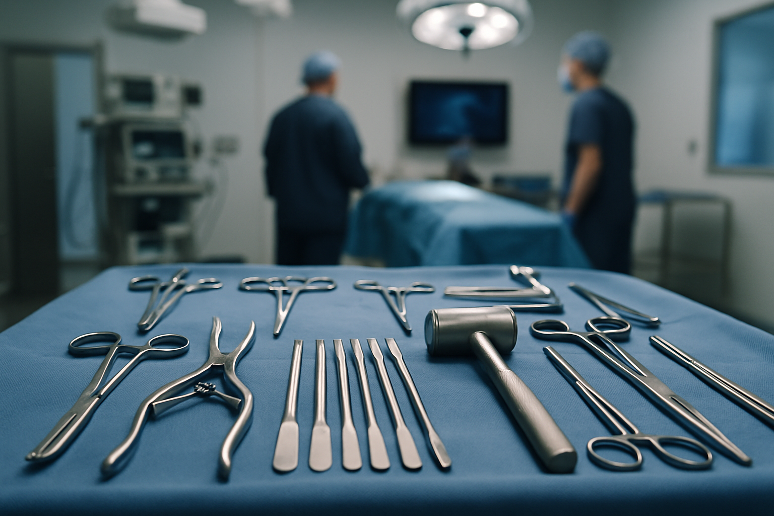 close-up of a sterile orthopedic surgical instrument tray laid out in a modern operating room, with metal tools aligned on a blue drape