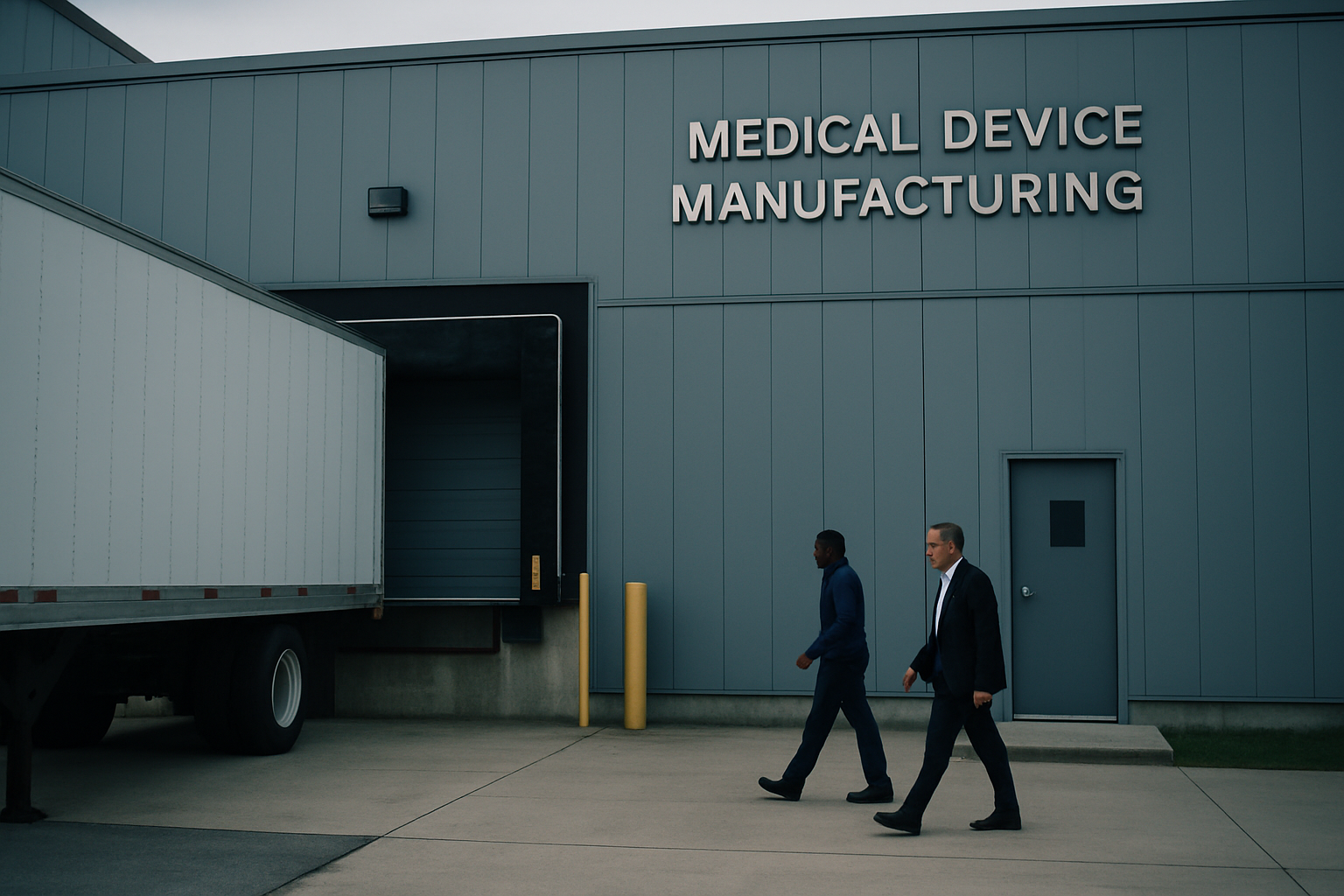 exterior of a mid-sized medical device manufacturing facility with a loading dock and clean-room signage visible on a grey industrial building