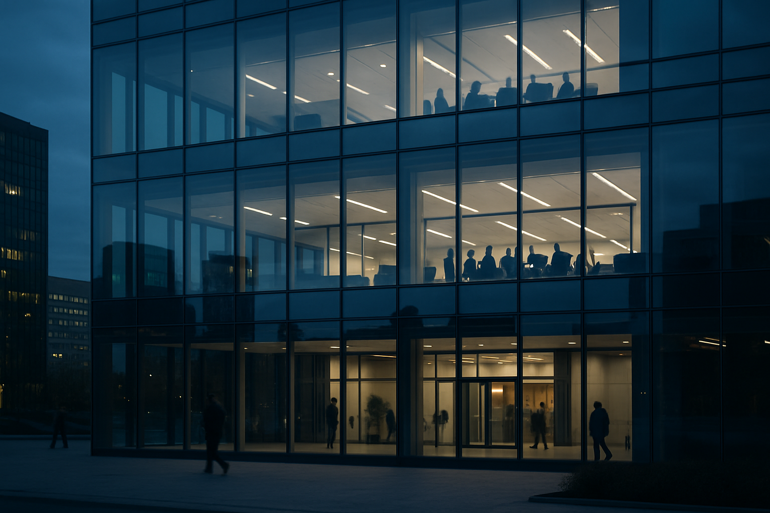 exterior of a modern glass-fronted tech company office building at dusk, with city reflections visible in the facade