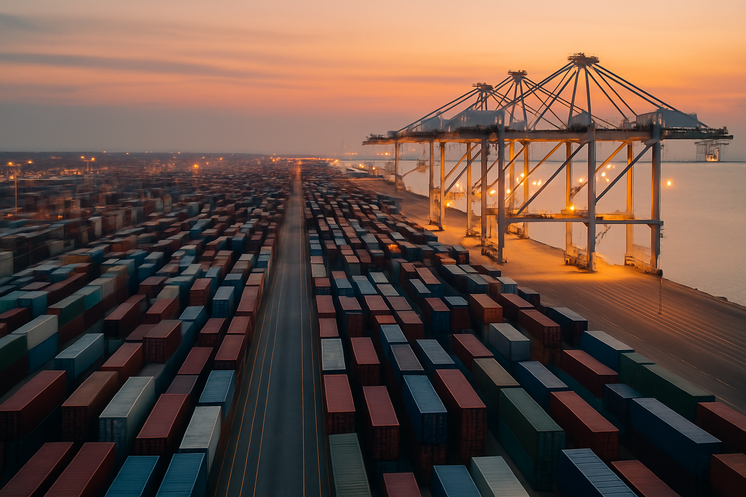 a wide aerial view of a busy container port at dusk, rows of stacked shipping containers in different colors stretching to the horizon, large gantry cranes illuminated against an orange sky