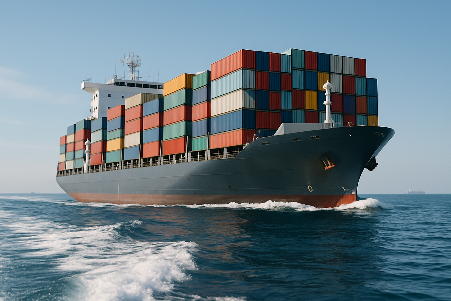 a cargo vessel loaded with rows of multicolored shipping containers moving through open ocean under a clear sky, viewed from a low angle near the waterline