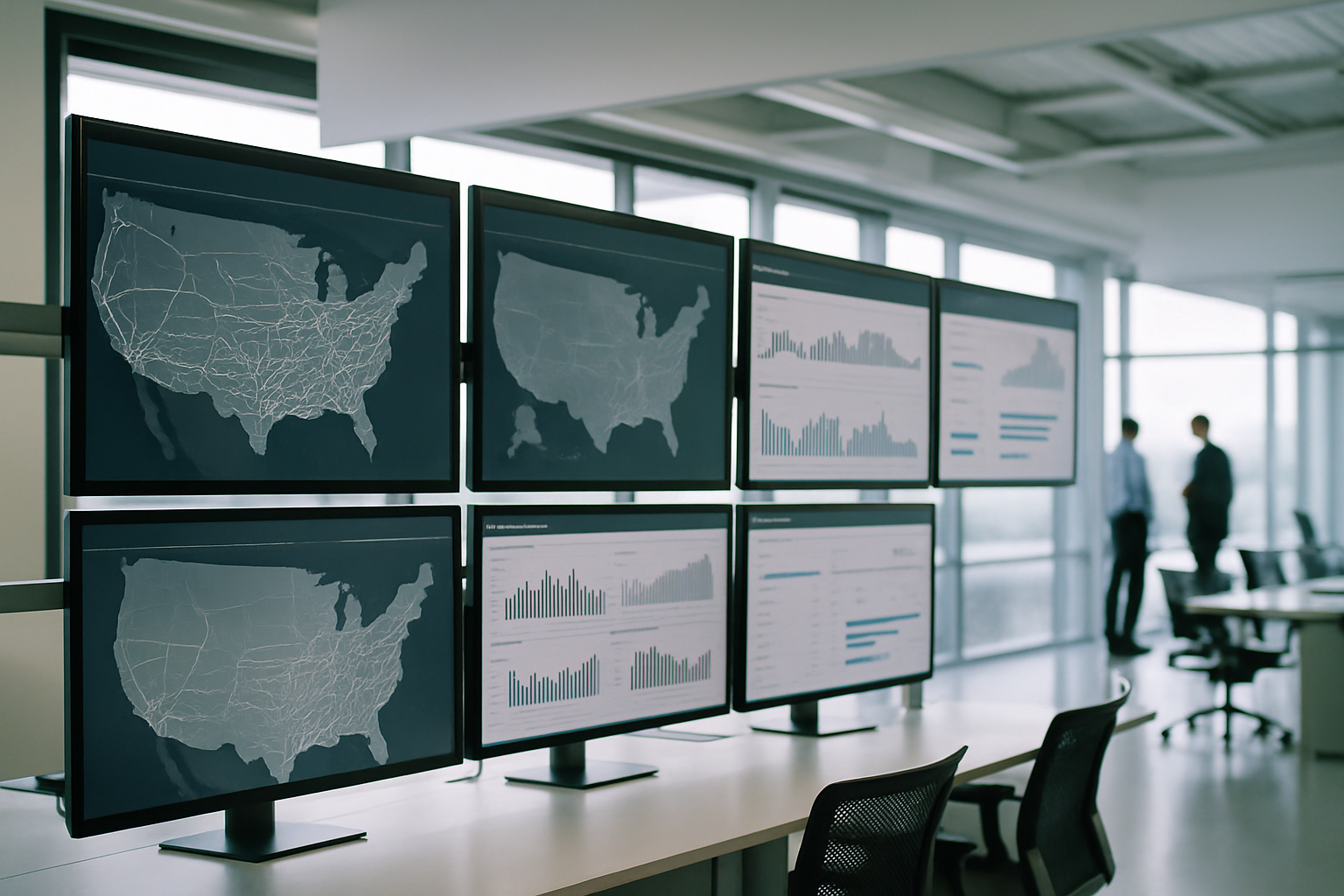 a wide-angle view of a logistics operations center with multiple large monitors displaying freight lane maps and pricing dashboards, no people in foreground