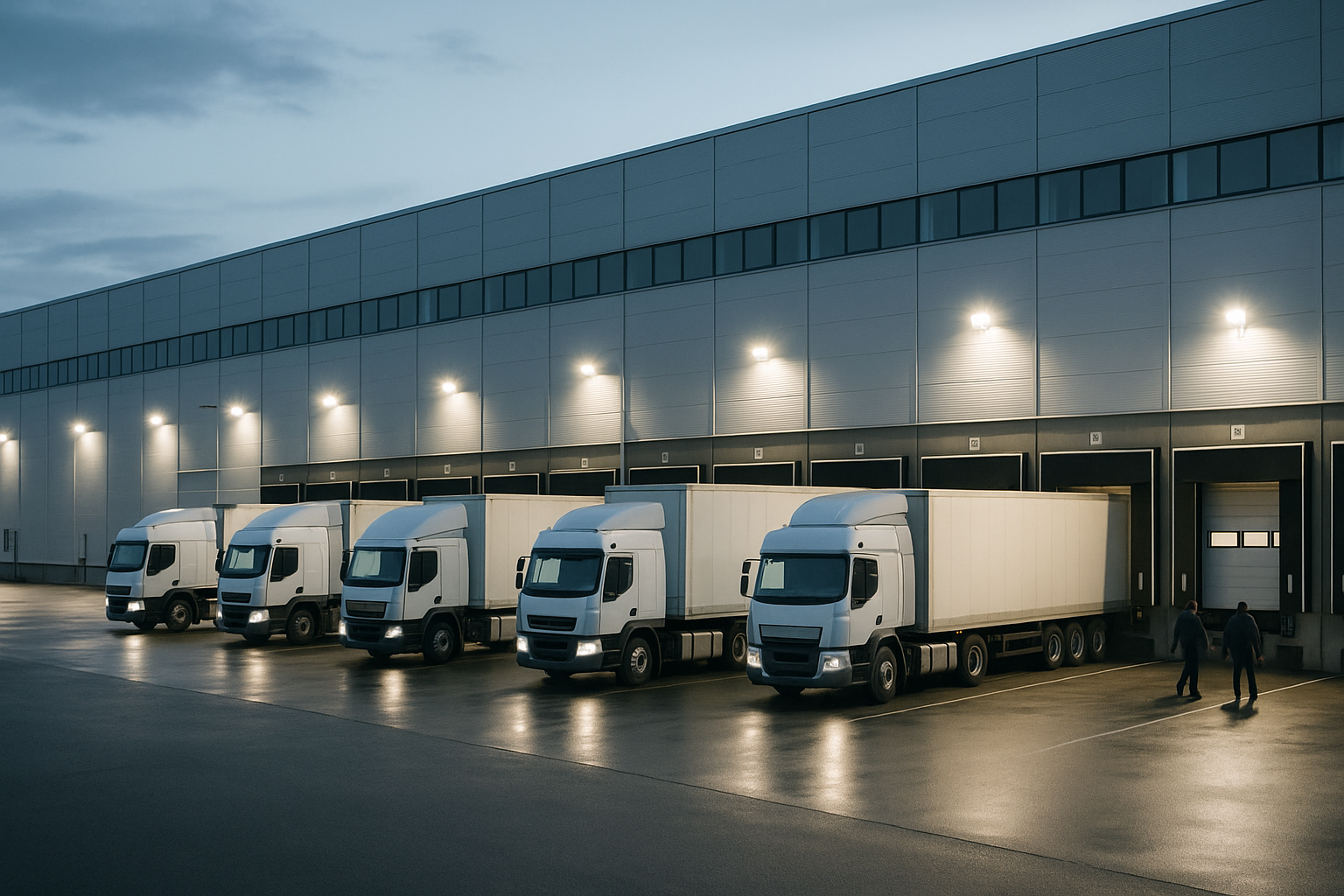 exterior of a large truck freight terminal at dusk with a row of semi-trucks backed into loading docks under industrial floodlights