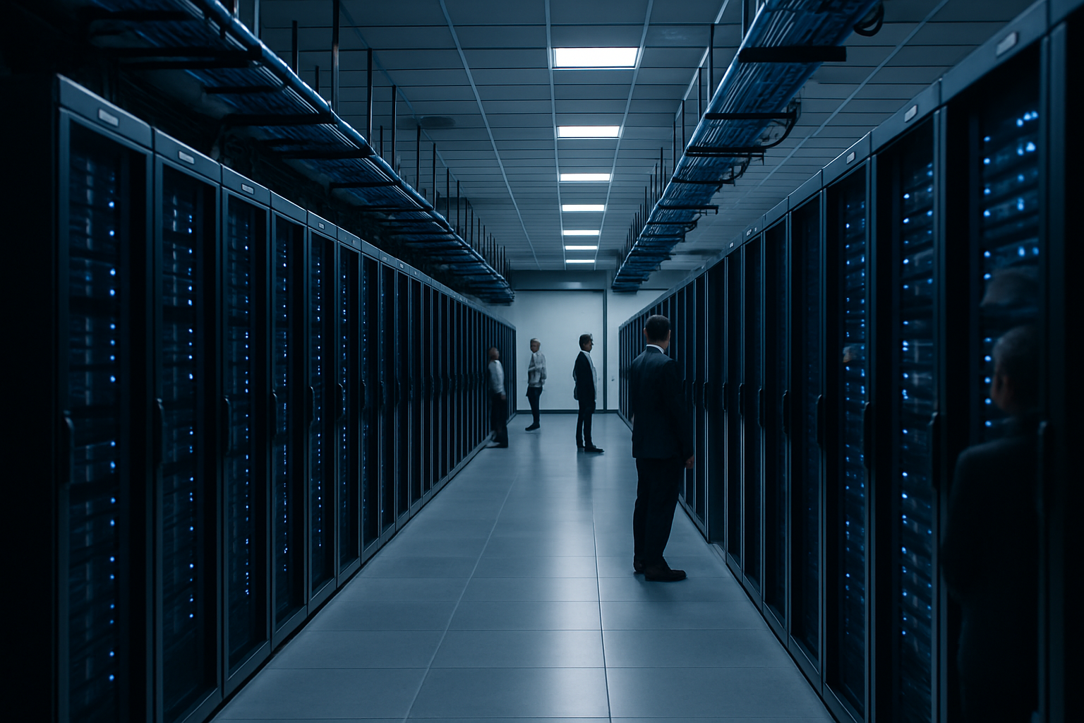 rows of server racks inside a large data center facility with blue lighting and cable management trays overhead