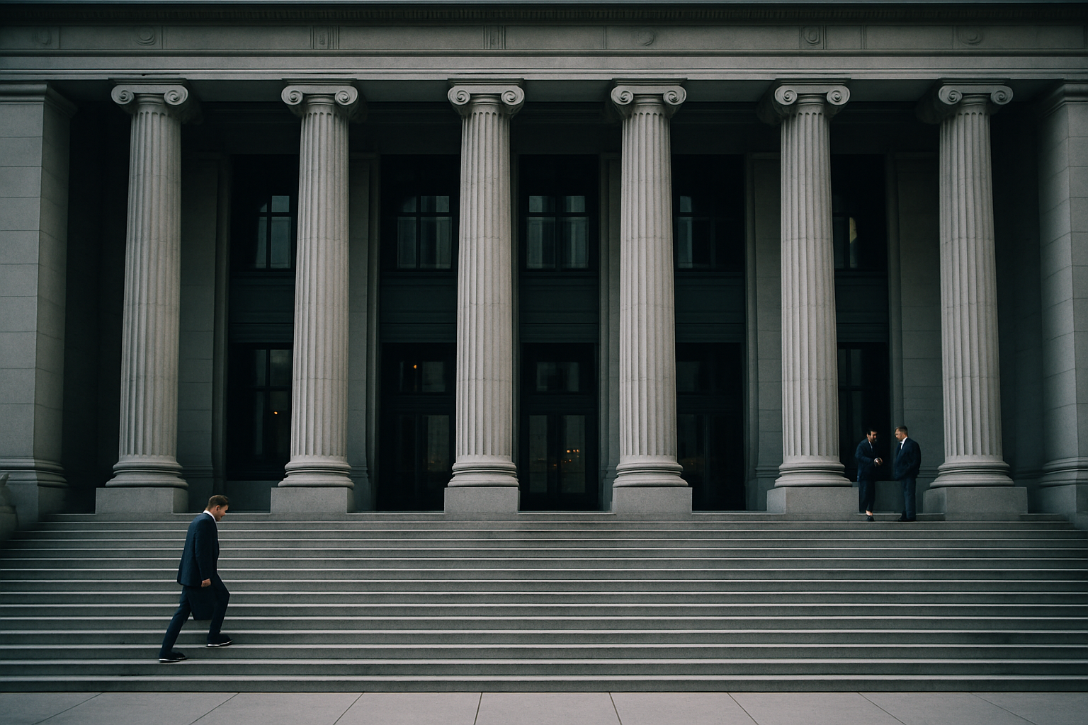 exterior of a neoclassical government building with tall stone columns and a wide stone staircase leading to the entrance