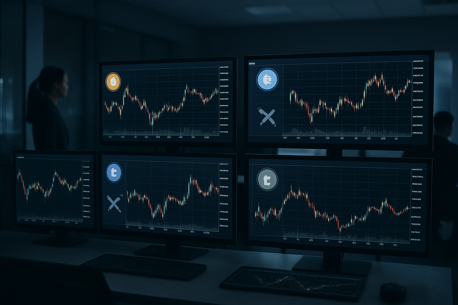a grid of illuminated cryptocurrency trading terminals in a dimly lit operations room, displaying price charts and token symbols