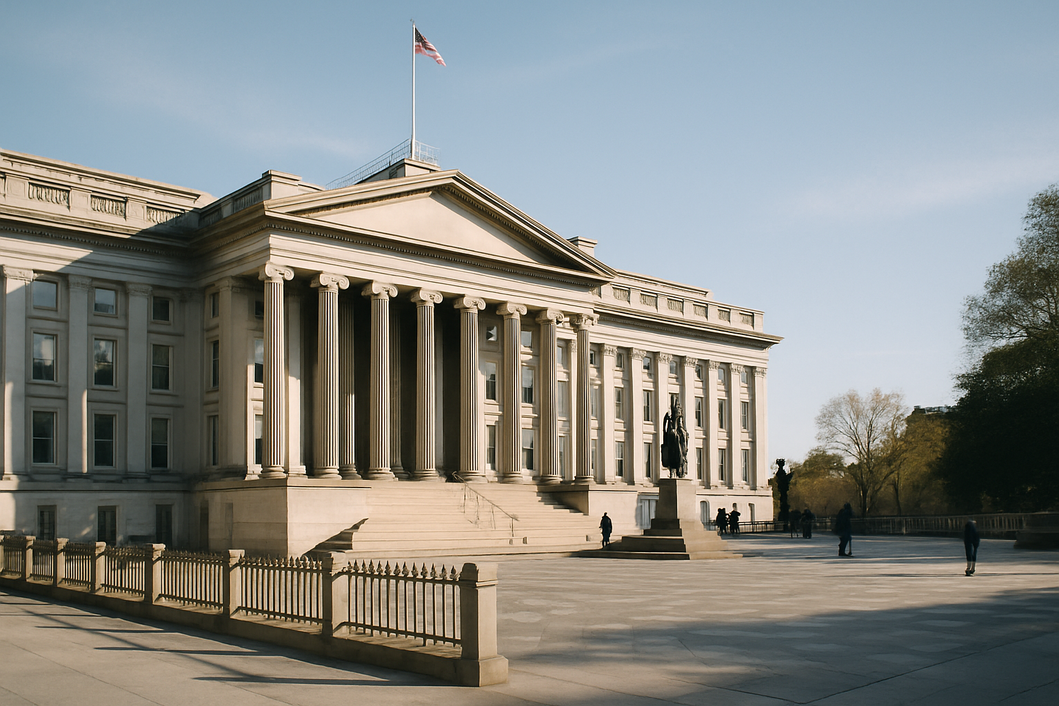 exterior view of the U.S. Treasury building in Washington D.C. on a clear morning, with stone columns and an empty forecourt